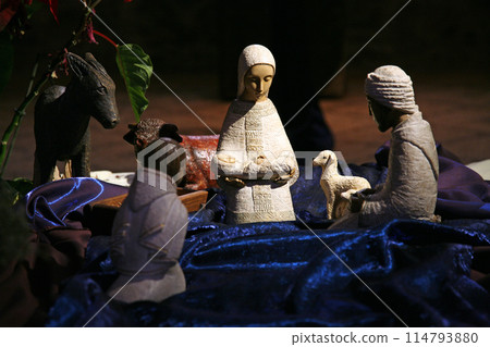 Christmas nativity scene at the Church of the Multiplication of Loaves and Fishes, Sea of Galilee, Tabgha, Israel 114793880