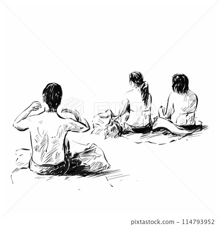 Sketch of the girls group sit alone the beach in summer season Sketch of the girls group sit alone the beach in summer season 114793952