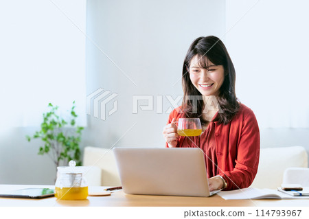 A woman in her 30s using a laptop to enjoy social media on the internet during a telework break in the living room 114793967