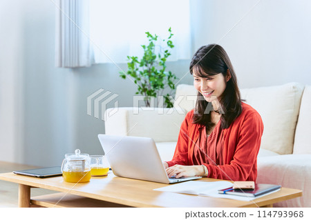 A woman smiling and typing on a computer in a stylish living room while teleworking, studying, or writing a report 114793968