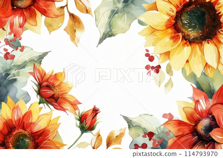 Summer sunflower frame watercolor painting (background, summer greeting card, wallpaper) 114793970