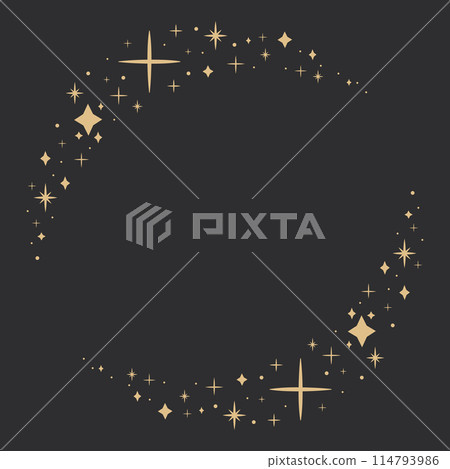 Gold star arch celestial frame, blink star mystic ornament corner, shiny minimal decoration on dark background. Shiny elements, starry and dots silhouettes. Comets stars and abstract constellations. 114793986