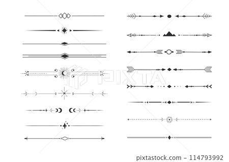 Set tribal ethnic arrow dividers, native indian bow boho in doodle style isolated on white background. Collection borders, decoration elements 114793992