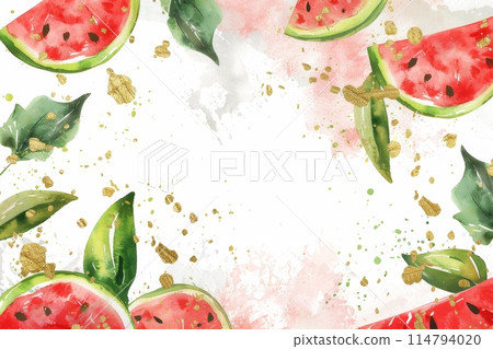 夏季西瓜框水彩畫（背景、夏日問候、壁紙） 114794020