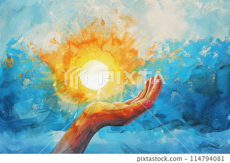 Watercolor illustration of a heart floating from the palm of a hand (Valentine's Day, love, fantasy, spiritual) 114794081