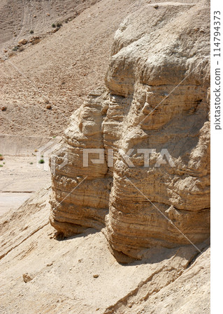 Archaeological site of Qumran where Dead Sea scrolls discovered in caves in cliffs, Judea Desert, Israel, 114794373