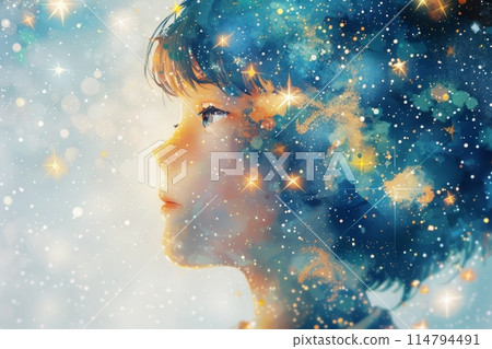 星空和日本小孩臉的繪本插圖(星海,淡水彩,鮮豔的色彩) 星空和日本小孩臉的繪本插圖(星海,淡水彩,鮮豔的色彩) 114794491