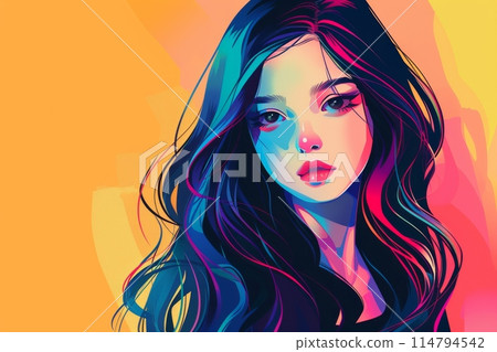 Tokyo girl with long hair in pop culture style (street fashion, digital art, Harajuku, Shibuya) 114794542