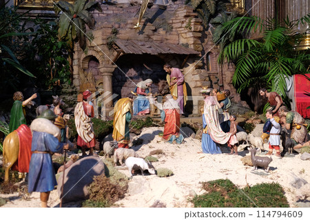 Nativity scene, creche, or crib, birth of Jesus in Cathedral dedicated to Saint Giles in Graz, Styria, Austria 114794609