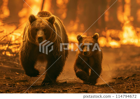 wild animal mother bear and her cub running escaping to save their lives from a forest fire wild animal mother bear and her cub running escaping to save their lives from a forest fire 114794672