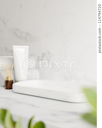 A space for showcasing products on a white marble tray on a white marble bathroom countertop. A space for showcasing products on a white marble tray on a white marble bathroom countertop. 114794720