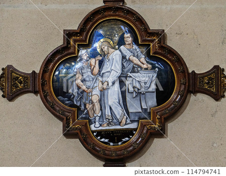 1st Stations of the Cross, Jesus is condemned to death, St Francis Xavier's Church in Paris, France 1st Stations of the Cross, Jesus is condemned to death, St Francis Xavier's Church in Paris, France 114794741
