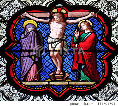 Crucifixion, stained glass window in the Basilica of Saint Clotilde in Paris, France 114794793