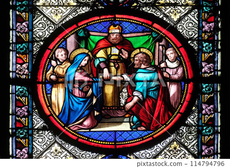 Marriage of St Joseph and Virgin Mary, stained glass window in the Basilica of Saint Clotilde in Paris, France Marriage of St Joseph and Virgin Mary, stained glass window in the Basilica of Saint Clotilde in Paris, France 114794796