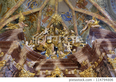 God the Father surrounded by angels statue on the altar in the church of Immaculate Conception in Lepoglava, Croatia God the Father surrounded by angels statue on the altar in the church of Immaculate Conception in Lepoglava, Croatia 114794806