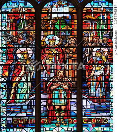 Baptism of Clovis, stained glass windows in the Saint Laurent Church, Paris, France Baptism of Clovis, stained glass windows in the Saint Laurent Church, Paris, France 114794814