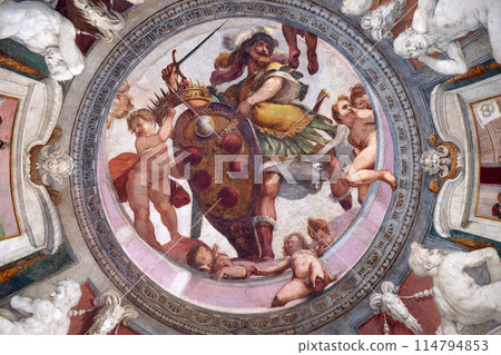Mars holds the Medici coat of arms between putti fresco by Bernardino Poccetti Ospedale degli Innocenti - Exterior arcade, Florence, Italy Mars holds the Medici coat of arms between putti fresco by Bernardino Poccetti Ospedale degli Innocenti - Exterior arcade, Florence, Italy 114794853