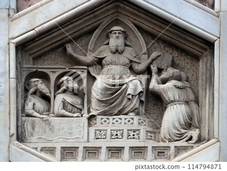 King Phoroneus as personification of the beginning of the law making from the workshop of Andrea Pisano, Relief on Giotto Campanile of Cattedrale di Santa Maria del Fiore (Cathedral of Saint Mary of King Phoroneus as personification of the beginning of the law making from the workshop of Andrea Pisano, Relief on Giotto Campanile of Cattedrale di Santa Maria del Fiore (Cathedral of Saint Mary of 114794871