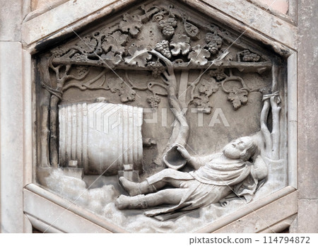 Noah by Collaborator of Andrea Pisano, 1334-36., Relief on Giotto Campanile of Cattedrale di Santa Maria del Fiore (Cathedral of Saint Mary of the Flower), Florence, Italy 114794872