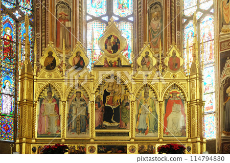 Madonna with the Child and the four Doctors of the Church - Polyptych of the high altar in the Basilica di Santa Croce (Basilica of the Holy Cross) - famous Franciscan church in Florence, Italy 114794880
