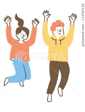 男人和女人帶著 Joy_color 跳躍 男人和女人帶著 Joy_color 跳躍 114795118