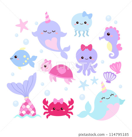 Cute narwhal and sea animal clip art set Cute narwhal and sea animal clip art set 114795185
