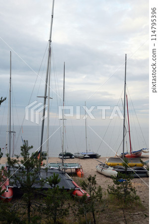 Catamarans with masts on lake shore. 114795396