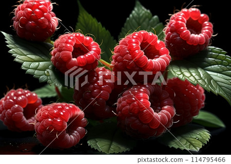 ripe raspberries with leaves isolated on a black background 114795466