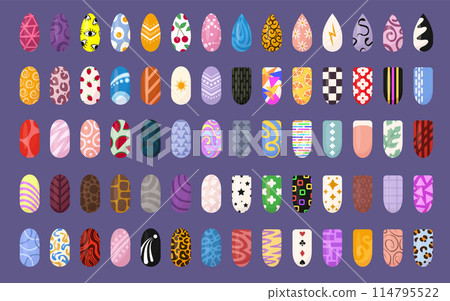 Ideas of nails design art. Bright colorful manicure set. Colorful glossy decorative polish collection with texture and print for finger nail. 114795522