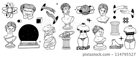 Abstract greek ancient sculpture and surreal geometric shapes. Set of stickers, pins, patches in trendy psychedelic weird cartoon style. modern statues and cosmic space elements 114795527