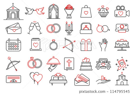 Wedding, marrying, ceremony line icons. Minimalist thin linear web icons bundle. Wedding Editable Stroke Line Icons 114795545