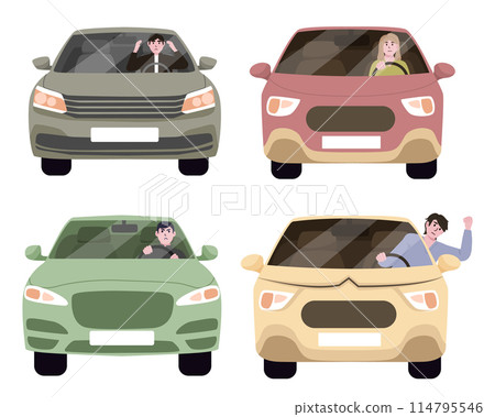 Set of angry car driver shouting in flat design on white background. Driver suffers from migraine and headache while driving car or is nervous getting stuck in traffic jam. 114795546