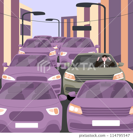 City traffic jam and sleepy driver. Driving car slow moving in urban auto flow. Vector illustration EPS10 City traffic jam and sleepy driver. Driving car slow moving in urban auto flow. Vector illustration EPS10 114795547