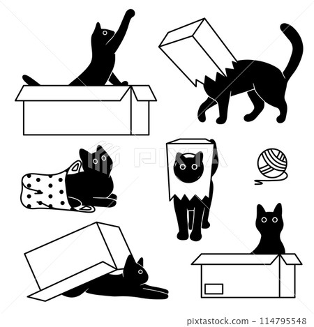 Black cats with box set. Collection of various naughty cats in a box and bags. Funny Animals. Silhouettes of playful cats 114795548