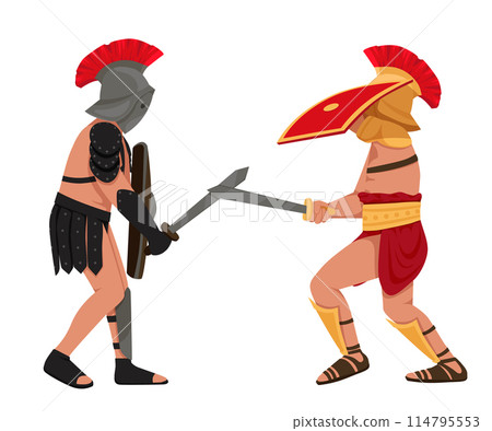Gladiator characters. People in armor. Warriors with different weapons. Sparta coliseum fight character, ancient roman army characters 114795553