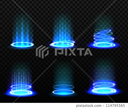Level up effect. Realistic teleportation portal. Teleportation process game effect, futuristic lighting and bright wrap aura. Energy circles and rays on black background. Level up effect. Realistic teleportation portal. Teleportation process game effect, futuristic lighting and bright wrap aura. Energy circles and rays on black background. 114795565