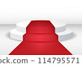 Round podium with red carpet. Celebrity party entrance. Grand opening. Shiny fencing on transparent background. 114795571
