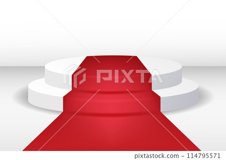 Round podium with red carpet. Celebrity party entrance. Grand opening. Shiny fencing on transparent background. 114795571