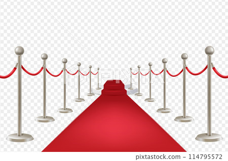 Red carpet on stairs with red ropes on golden stanchions and golden barriers. Barrier Rope Luxury Vip Concept. Vector illustration EPS10 114795572