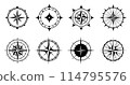 Vintage marine wind rose, nautical chart. Compass icons set. Compass rose sign. Compasses for travel map. Navigation arrow symbols. 114795576