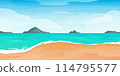 Cartoon summer beach. Paradise nature vacation, ocean or sea seashore. Tropical beach landscape with palm trees, golden sand and rocks in blue water. 114795577