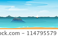 Cartoon summer beach. Paradise nature vacation, ocean or sea seashore. Tropical beach landscape with palm trees, golden sand and rocks in blue water. 114795579