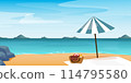 Summer beach cartoon landscape. Paradise nature vacation, ocean or sea seashore. Seaside landscape, tropical beach relax or seaside landscape. 114795580
