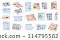 Folded newspapers. Periodical printing products, daily news and sport. Modern news publications. Newspapers folded in half, open newspaper. 114795582