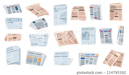 Folded newspapers. Periodical printing products, daily news and sport. Modern news publications. Newspapers folded in half, open newspaper. 114795582