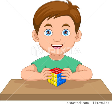Little boy playing Rubik cube cartoon Little boy playing Rubik cube cartoon 114796155
