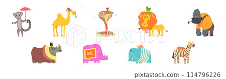 Funny African Wild Animals from Safari Wear Clothing Vector Set 114796226