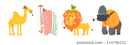 Funny African Wild Animals from Safari Wear Clothing Vector Set 114796232