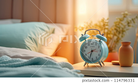 Bedside clock on bedside table at the morning close up 114796331