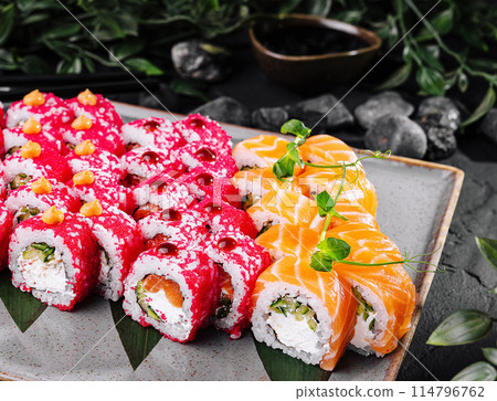 Assorted fresh sushi platter presentation 114796762